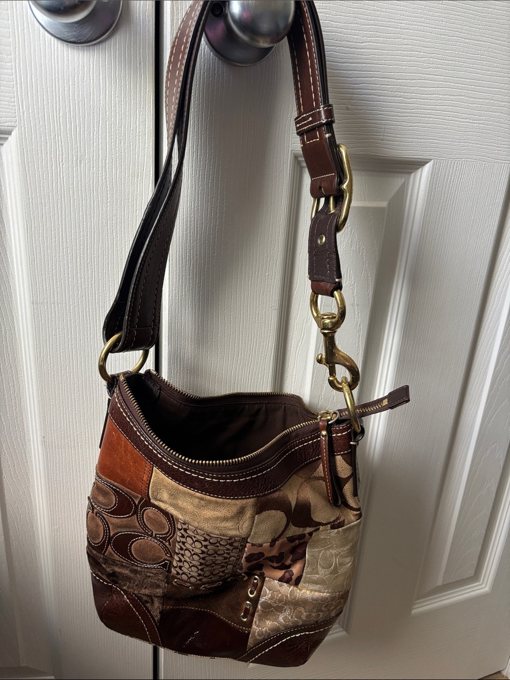 Coach Leather and Patchwork Brown Shoulder Bag with Gold-Tone Hardware